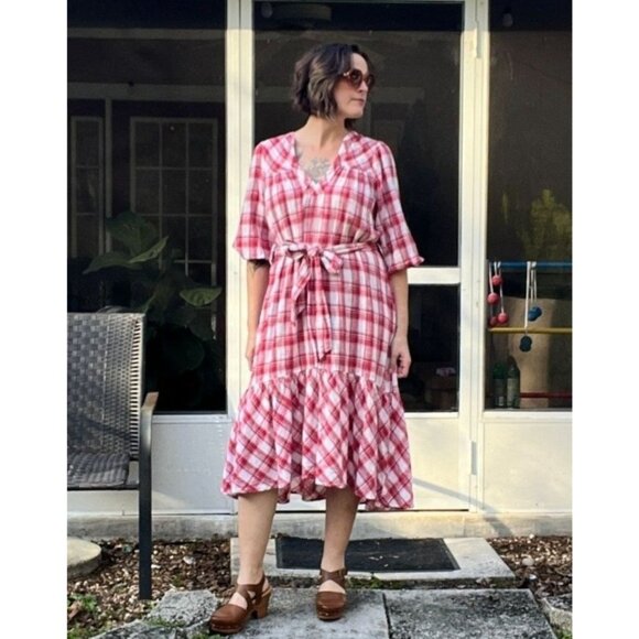 Anthropologie DRA Los Angeles Plaid Midi Dress Cotton Red White Belted Medium - Picture 1 of 13